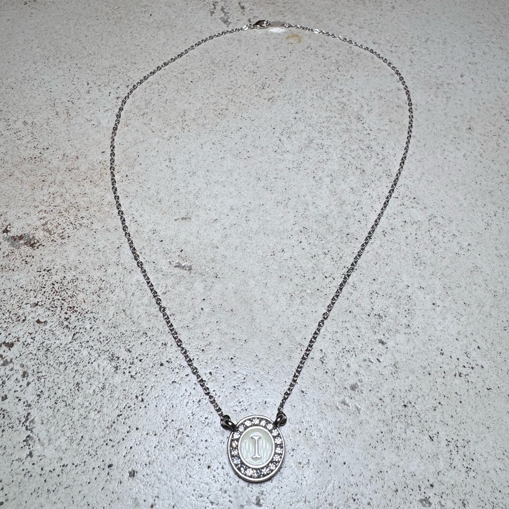 White Gold Bonded “I” Letter Necklace with Rhinestone Halo